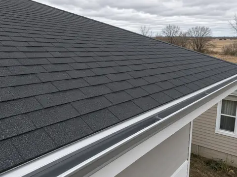 The same roof with new charcoal shingles and a new eavestrough